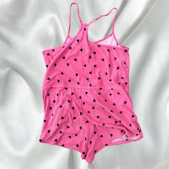 Pink and black heart print button up loungewear pajama romper - Picture 4 of 4